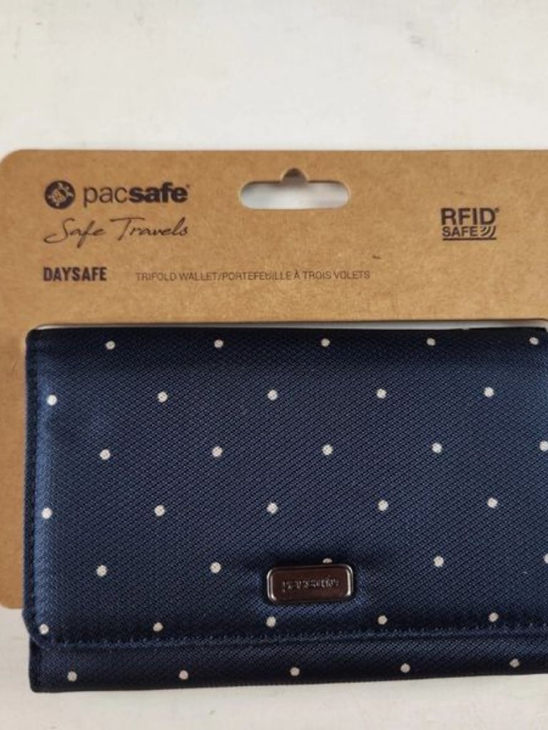 Pacsafe Daysafe Rfid Blocking Trifold Wallet Navy Polka Dot New With Tags — image 2 of 5